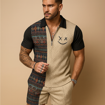 Heren zomerset met vintage polo met print en comfortabele korte broek, ideaal voor zomervakanties en informele gelegenheden.