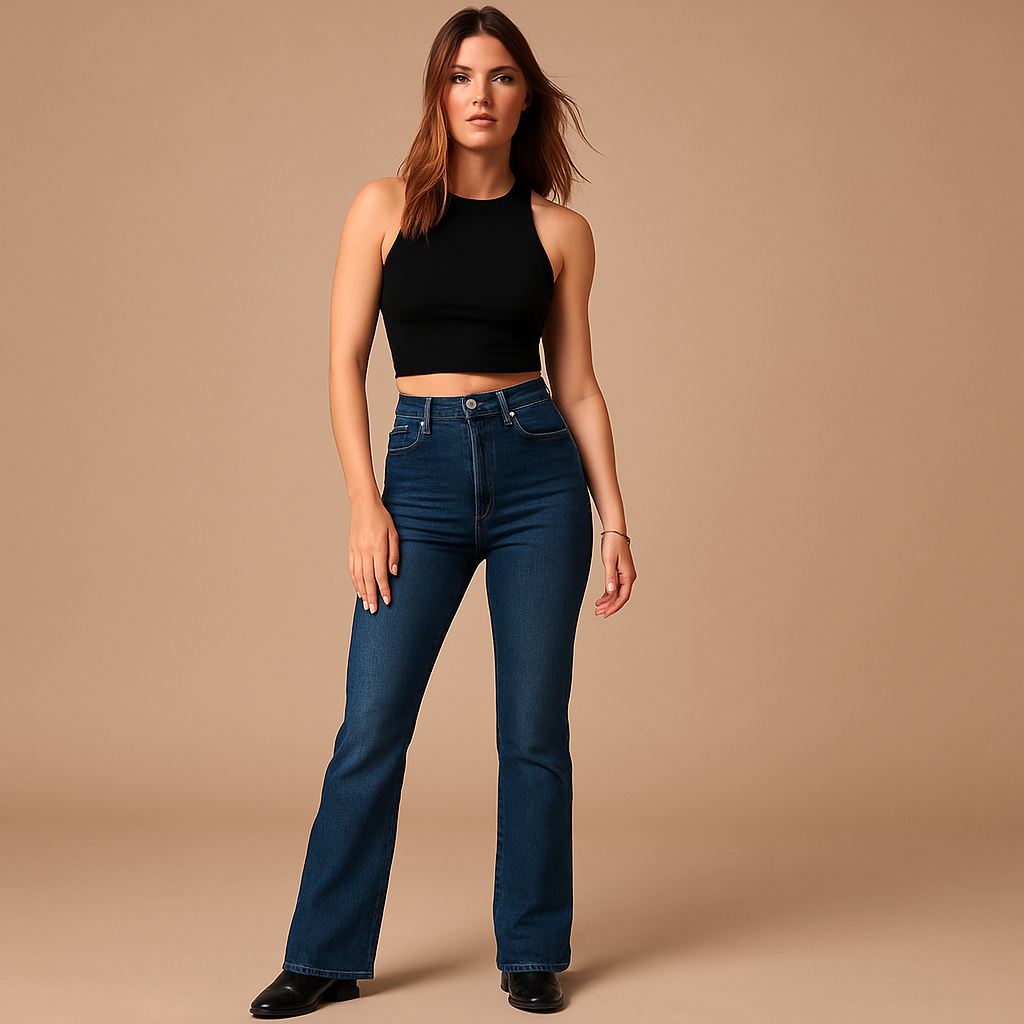 Uitlopende jeans met hoge taille voor dames in stretchdenim, ideaal voor casual en elegante outfits.