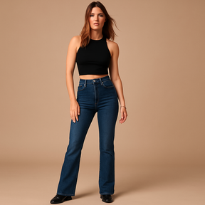 Uitlopende jeans met hoge taille voor dames in stretchdenim, ideaal voor casual en elegante outfits.