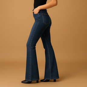 Uitlopende jeans met hoge taille voor dames in stretchdenim, ideaal voor casual en elegante outfits.