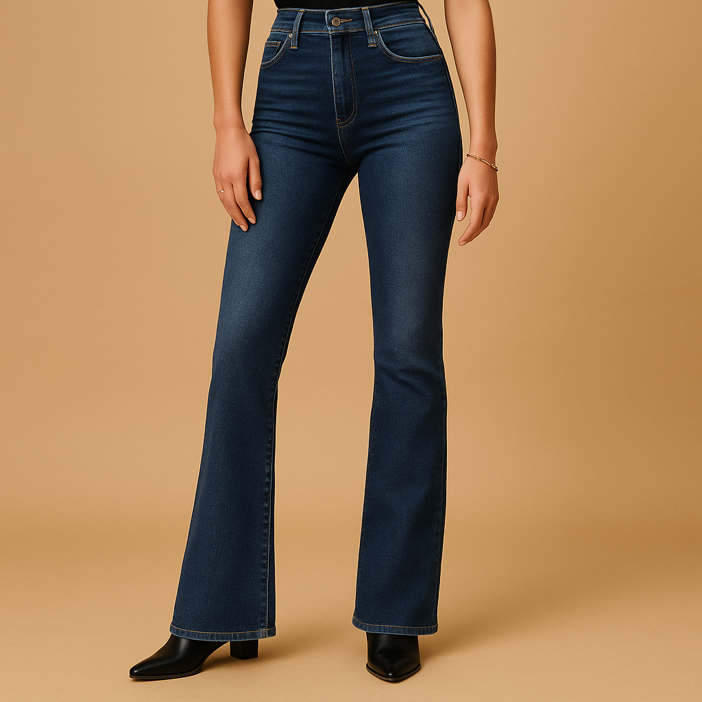 Uitlopende jeans met hoge taille voor dames in stretchdenim, ideaal voor casual en elegante outfits.