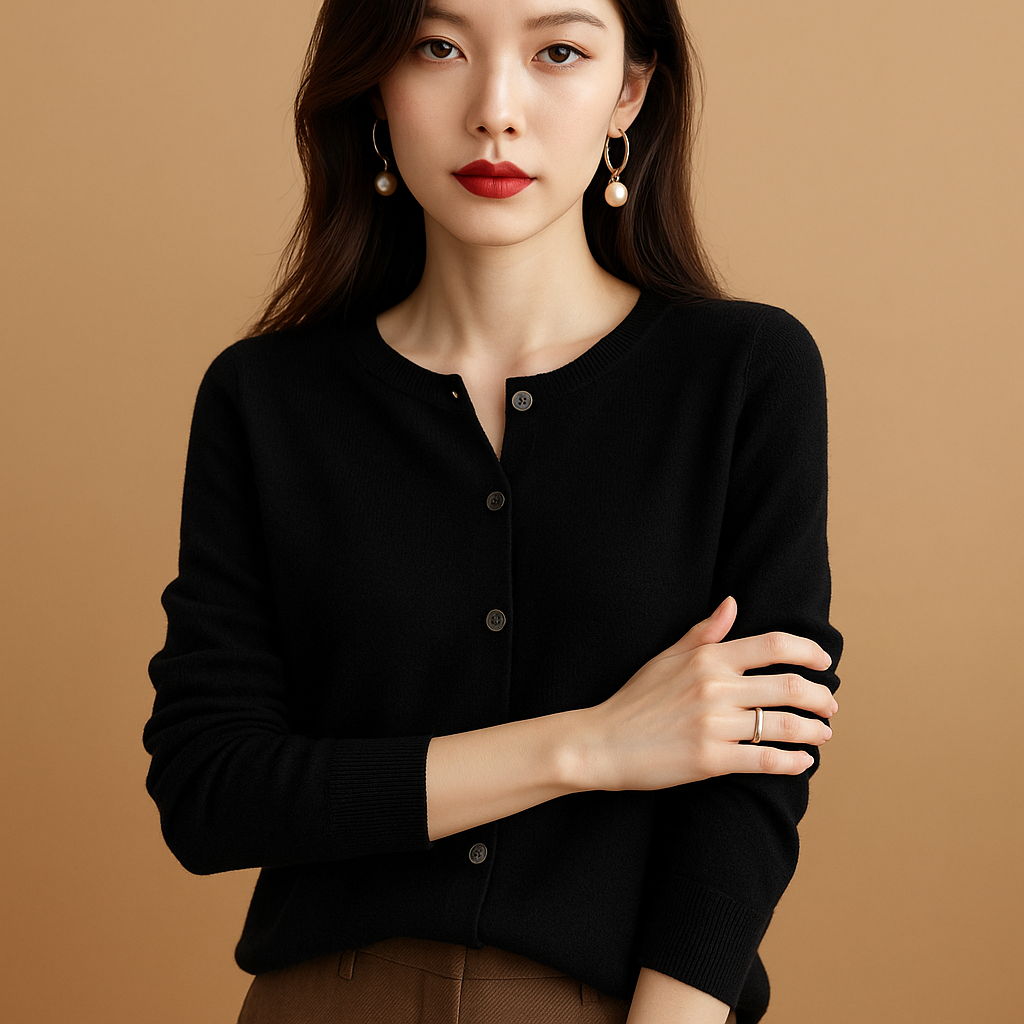 Elegante damescardigan met V-hals, knoopsluiting en lange mouwen, perfect voor laagjes en winterse outfits.