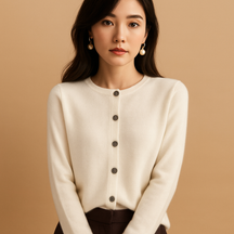 Elegante damescardigan met V-hals, knoopsluiting en lange mouwen, perfect voor laagjes en winterse outfits.