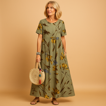 Dames zomerjurk met vintage bloemenprint, boothals en korte mouwen, luchtige pasvorm voor strand, stad en casual momenten.