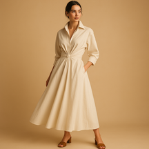 Vintage geïnspireerde A-lijn damesjurk met flatterende taille en lichtgewicht stof, perfect voor bruiloften en casual gelegenheden.