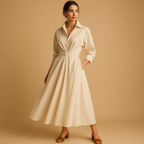 Vintage geïnspireerde A-lijn damesjurk met flatterende taille en lichtgewicht stof, perfect voor bruiloften en casual gelegenheden.
