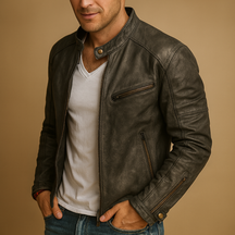 Waterdichte herenjas met rits, modern bikerdesign en getailleerde pasvorm, ideaal voor natte en koude dagen in de stad.