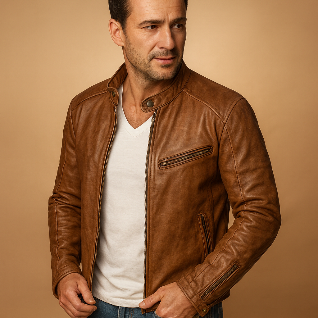 Waterdichte herenjas met rits, modern bikerdesign en getailleerde pasvorm, ideaal voor natte en koude dagen in de stad.