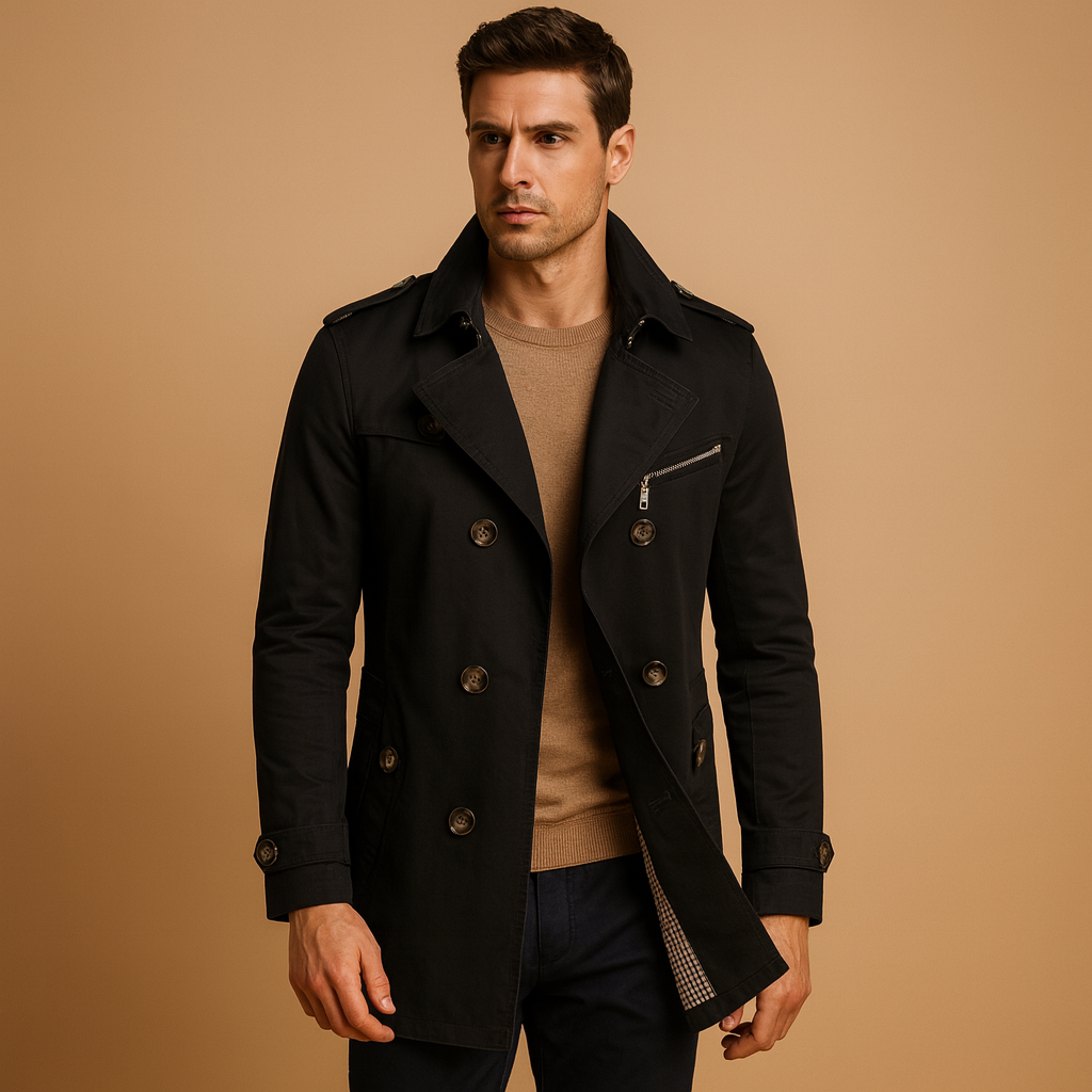 Waterdichte trenchcoat voor heren met klassiek tweerijig design, stijlvol en veelzijdig voor zowel formele als casual gelegenheden.