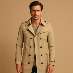Waterdichte trenchcoat voor heren met klassiek tweerijig design, stijlvol en veelzijdig voor zowel formele als casual gelegenheden.