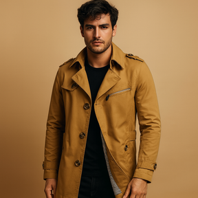 Waterdichte trenchcoat voor heren met klassiek tweerijig design, stijlvol en veelzijdig voor zowel formele als casual gelegenheden.