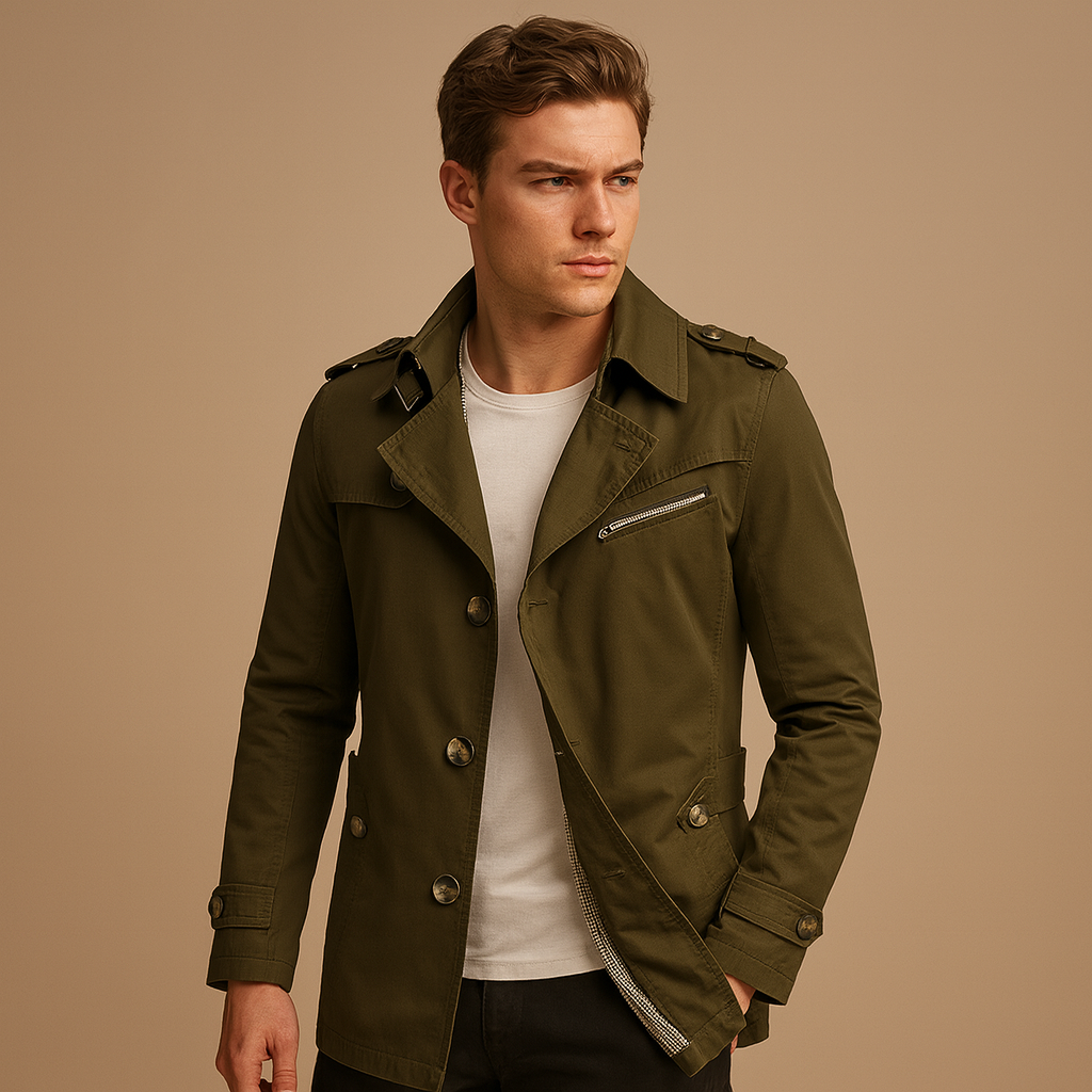 Waterdichte trenchcoat voor heren met klassiek tweerijig design, stijlvol en veelzijdig voor zowel formele als casual gelegenheden.