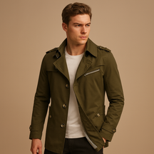 Waterdichte trenchcoat voor heren met klassiek tweerijig design, stijlvol en veelzijdig voor zowel formele als casual gelegenheden.