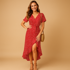 Dames wikkeljurk met V-hals, asymmetrische rok en speelse print. Ideaal voor zomerse uitjes en tuinfeesten.
