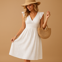 Witte zomerjurk voor dames met ruches en midi-lengte, perfect voor zomerse dagen, vakanties en feestelijke gelegenheden.