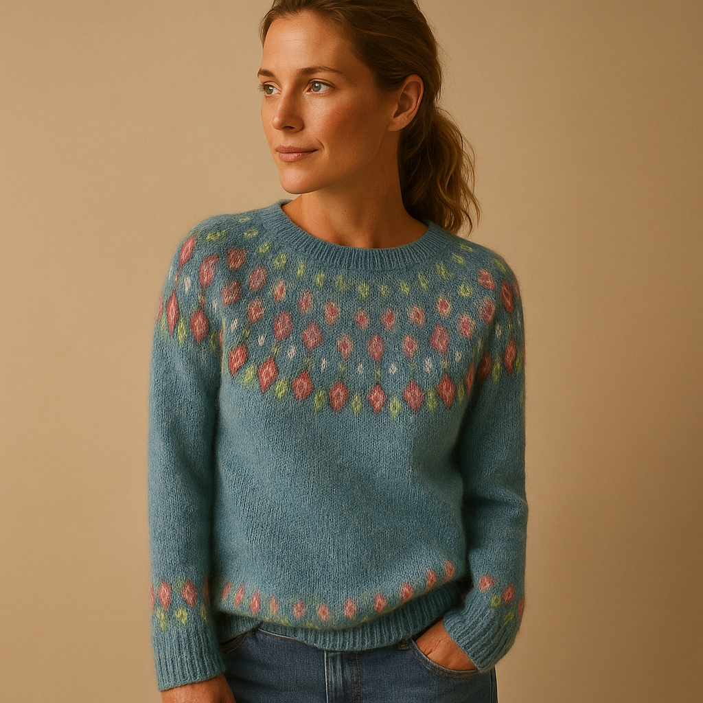 Wollen damestrui met unieke print en comfortabele pasvorm, geschikt voor casual en chique winterlooks.
