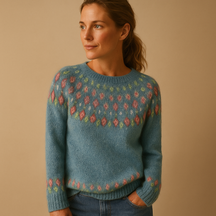 Wollen damestrui met unieke print en comfortabele pasvorm, geschikt voor casual en chique winterlooks.