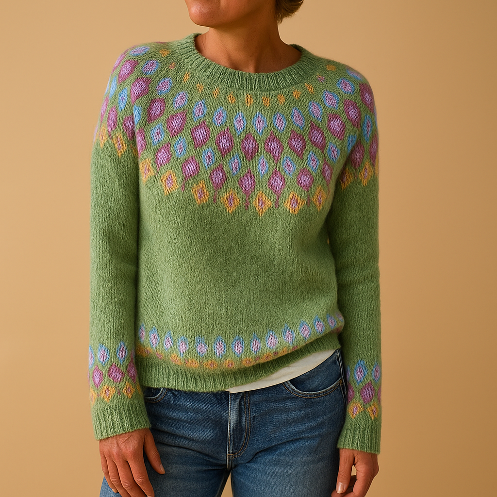 Wollen damestrui met unieke print en comfortabele pasvorm, geschikt voor casual en chique winterlooks.
