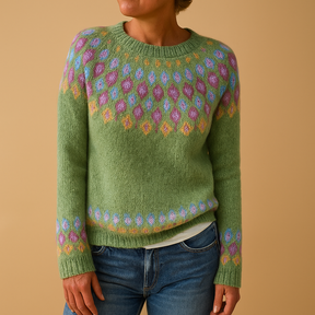 Wollen damestrui met unieke print en comfortabele pasvorm, geschikt voor casual en chique winterlooks.