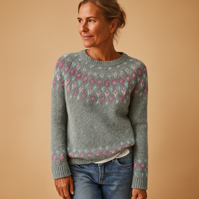 Wollen damestrui met unieke print en comfortabele pasvorm, geschikt voor casual en chique winterlooks.