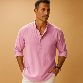 Lichtgewicht heren zomer overhemd met lange mouwen en V-hals in stijlvolle kleuren, perfect voor werk, vrije tijd en warme dagen.