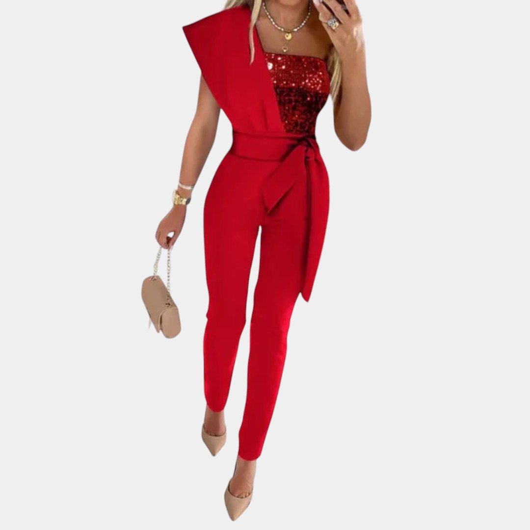 Dames zomerse jumpsuit met pailletten details in rood, lichtroze, blauw en zwart, ideaal voor feestelijke en alledaagse gelegenheden