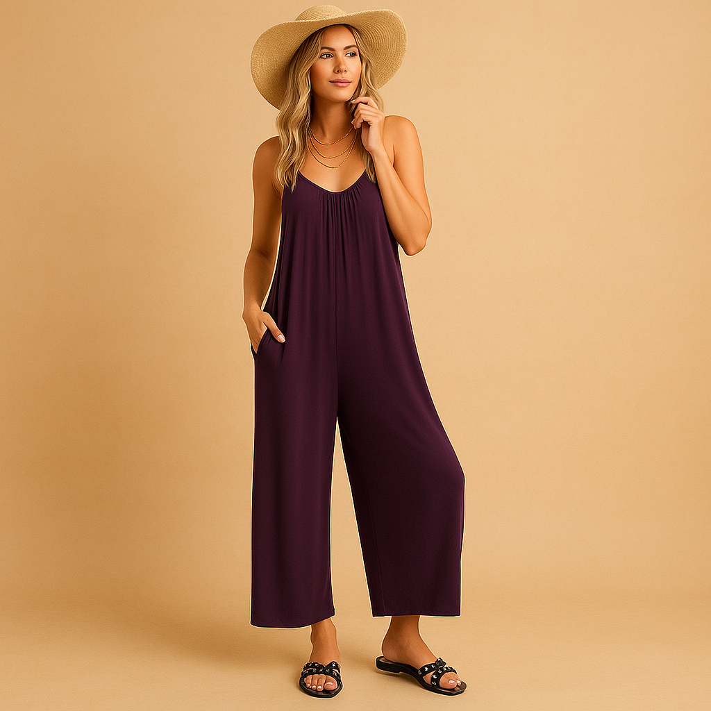 Zomerse dames jumpsuit met verstelbare bandjes, mouwloos en losvallend ontwerp, perfect voor vakantie, feestjes of een warme zomerdag.