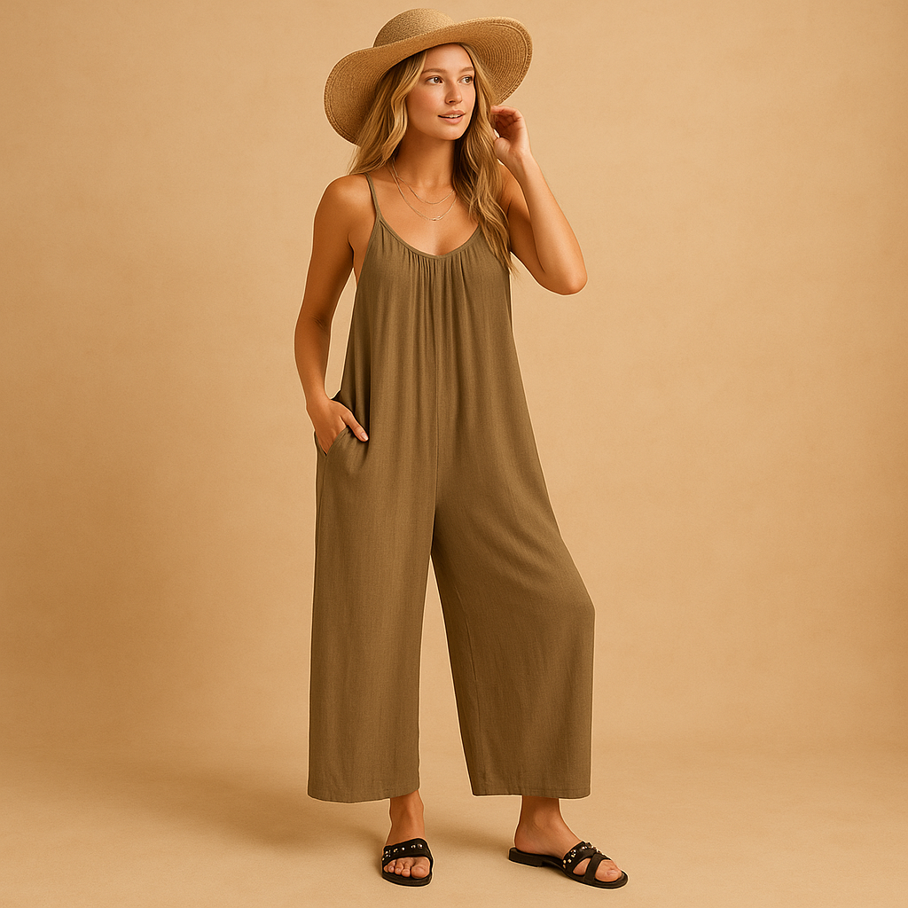 Zomerse dames jumpsuit met verstelbare bandjes, mouwloos en losvallend ontwerp, perfect voor vakantie, feestjes of een warme zomerdag.