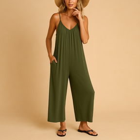 Zomerse dames jumpsuit met verstelbare bandjes, mouwloos en losvallend ontwerp, perfect voor vakantie, feestjes of een warme zomerdag.