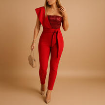 Zomerse dames jumpsuit met pailletten patchwork in rood, roze, blauw en zwart, ideaal voor feestjes en zomerse looks.