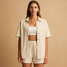 Tweedelige zomerset voor dames met half-lang vest en drawstring short – ideaal voor loungen, strand of vrije tijd