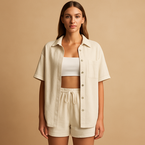 Tweedelige zomerset voor dames met half-lang vest en drawstring short – ideaal voor loungen, strand of vrije tijd