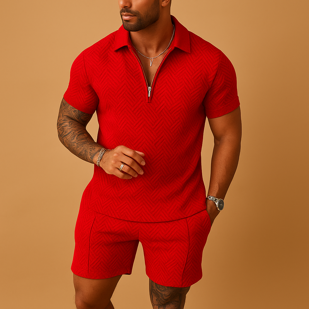 Heren zomerset bestaande uit polo shirt en korte broek in diverse kleuren, perfect voor strand, vakantie en warme dagen.